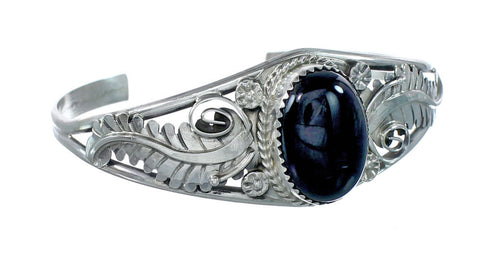 Sterling Silver Onyx Native American Leaf Cuff Bracelet JX130605